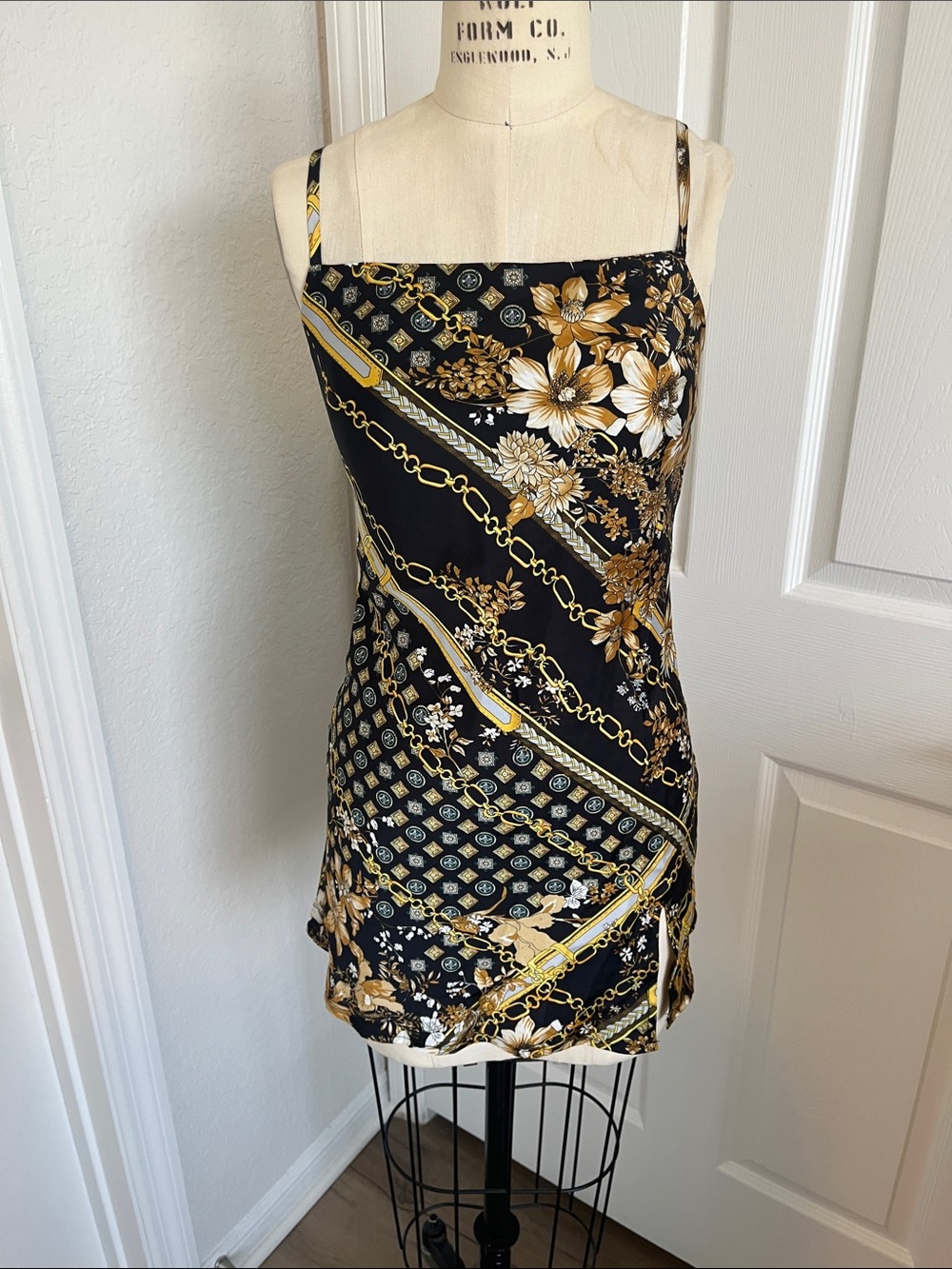 NWT Princess Polly Black and Gold Floral with Chain detail Mini Dress